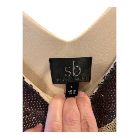 P24 Sheri Bodell Colorblock Sequin Sheath Stretch Browns Bronze Lined Sz M - Picture 5 of 6